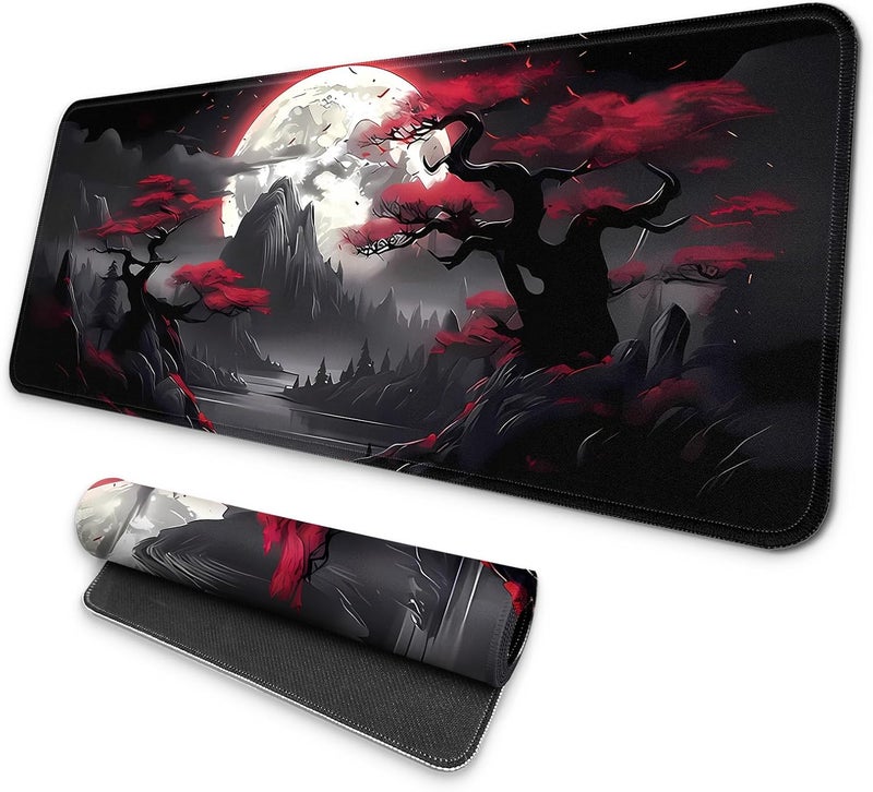 Mayflower Large Gaming Mouse Pad, Full Keyboard Mat, Long Laptop Mousepad, Computer Mouse Mat for Home and Office, Anti-Slip Rubber Base, 31.5 x 11.8 Inches (Dark Red Moon) - Image 1
